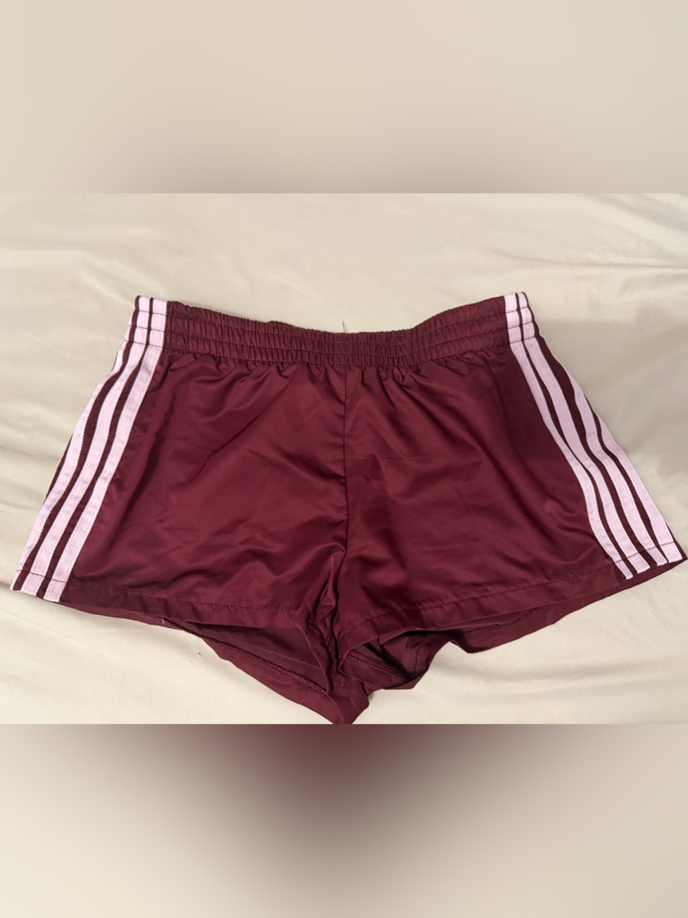 Edikted Maroon Athletic Shorts with Light Pink Side Stripes